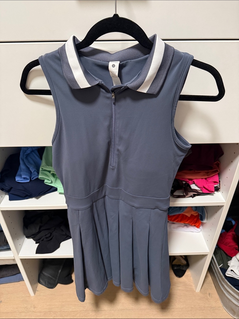 Girls' Sleeveless Pleated Polo One-Piece in Slate Blue with Contrast Collar